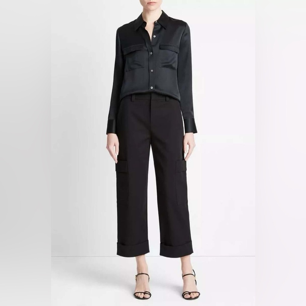 NWT $395 Vince Chest Pocket Satin Shirt Blouse In Black